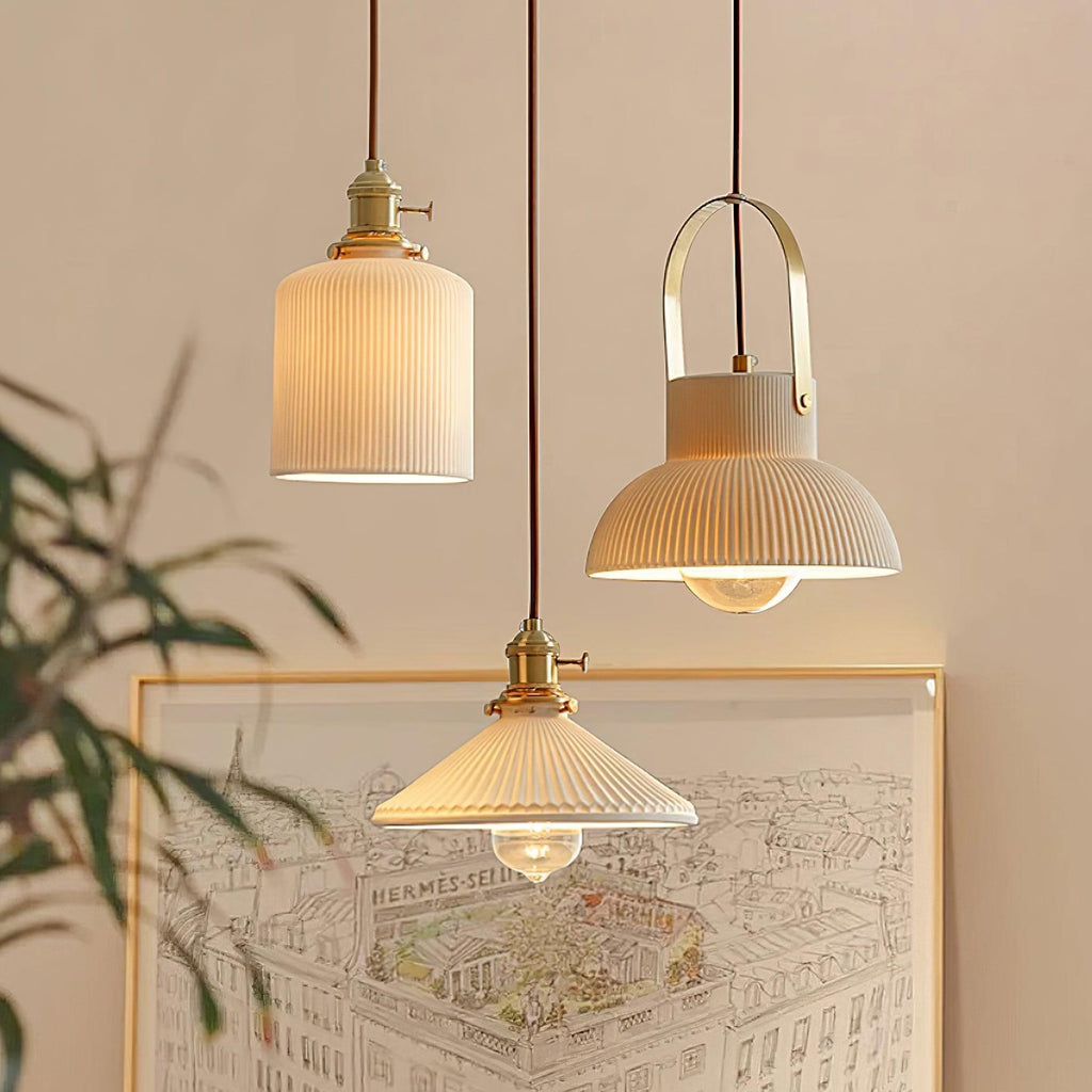 Eclipse Pendant Lamp Ribbed White Ceramic with Brass Handle - Neutralighting