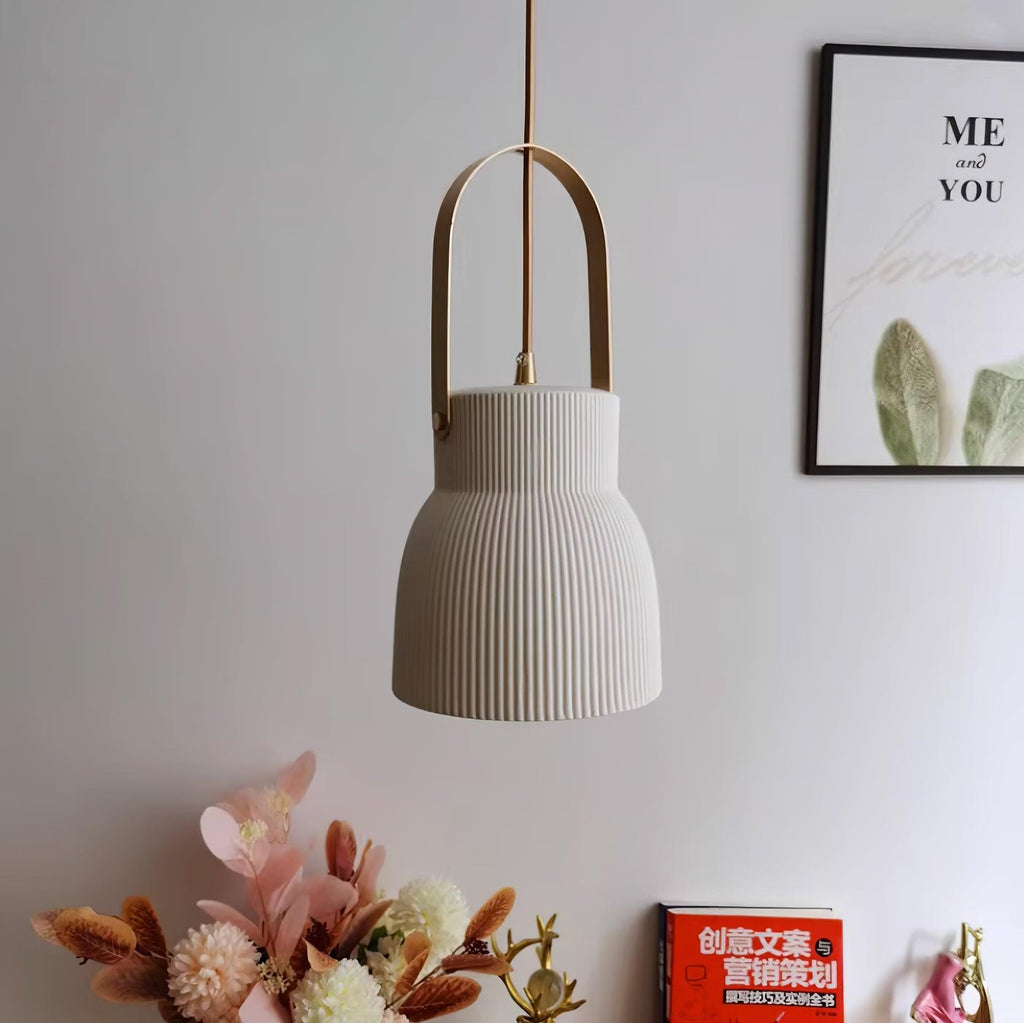 Eclipse Pendant Lamp Ribbed White Ceramic with Brass Handle - Neutralighting