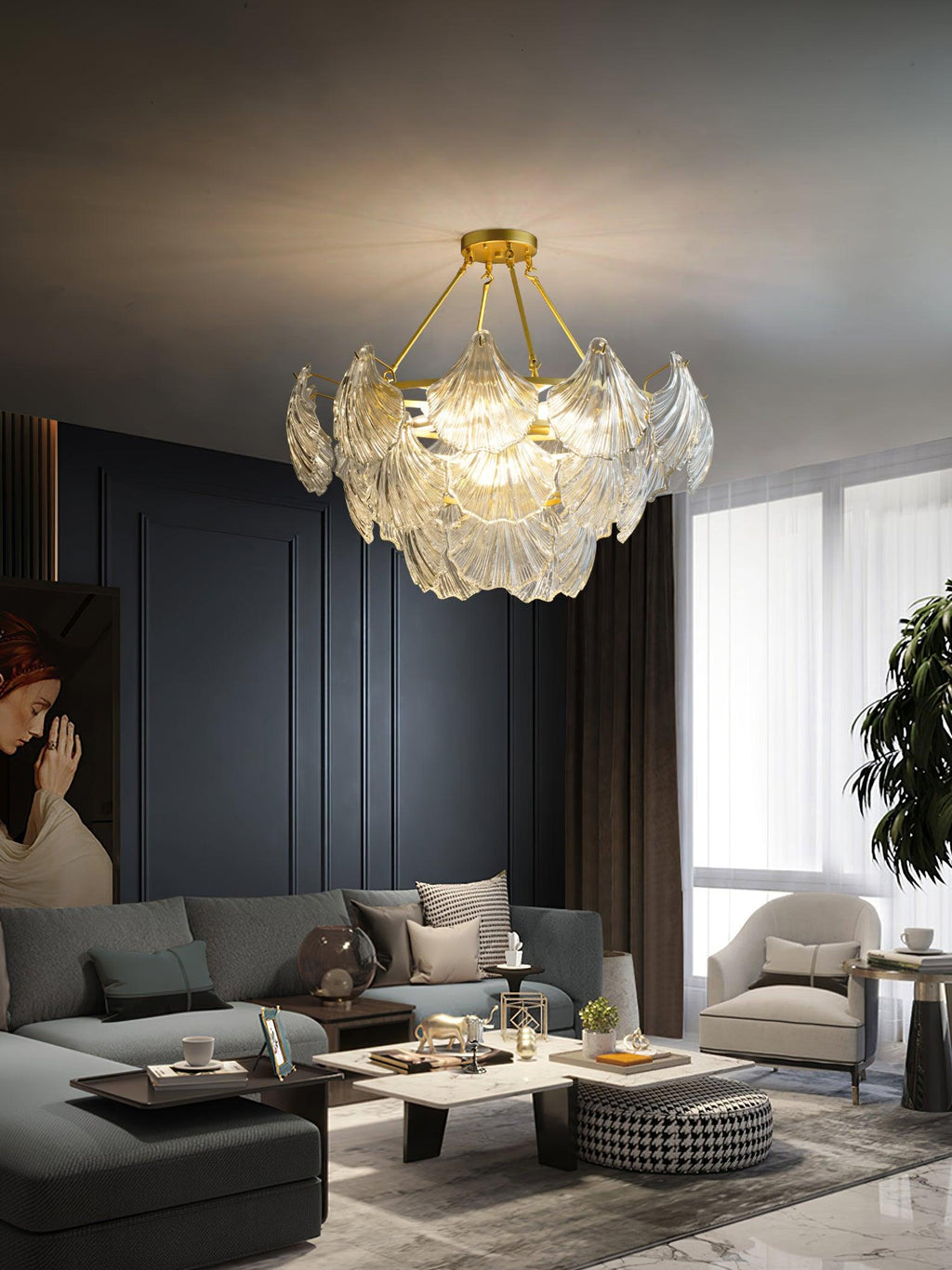 Lustra Plafonnier en Verre Ridé Shell Doré - Neutralighting
