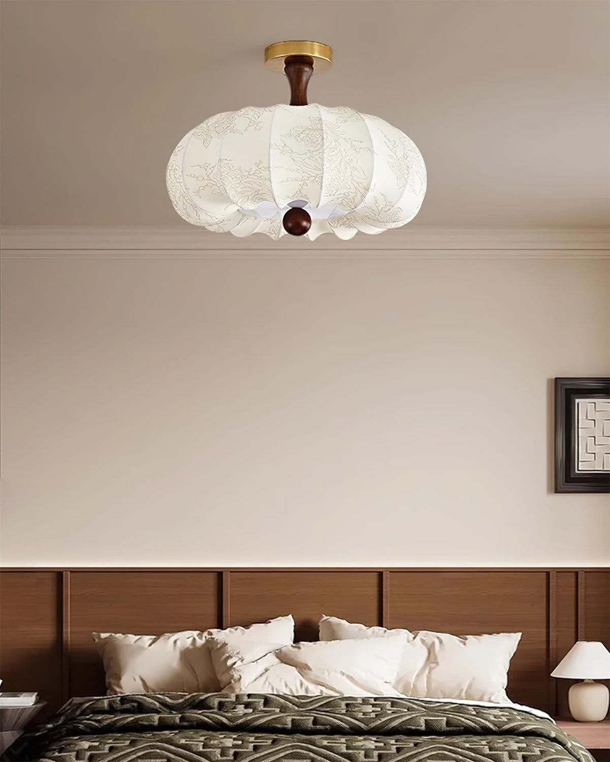 Lampe Plafond Abat-jour Tissu Festonné Plafond Bois de Noyer Vintage - Neutralighting