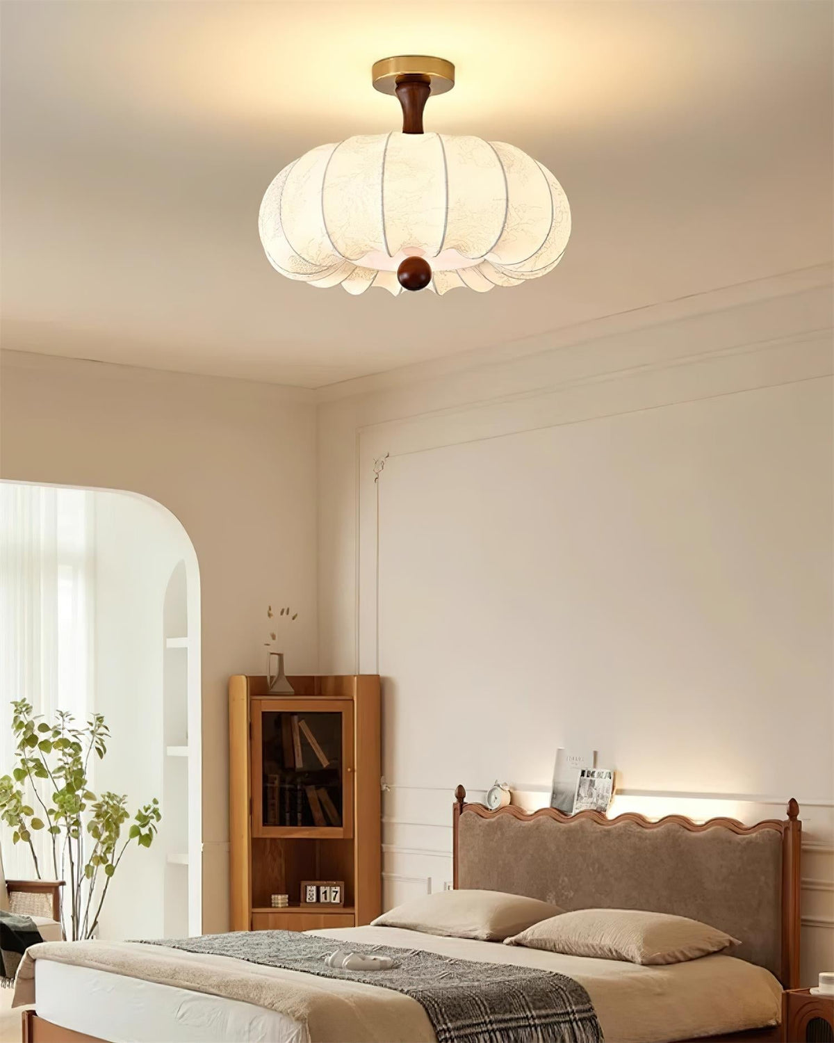 Lampe Plafond Abat-jour Tissu Festonné Plafond Bois de Noyer Vintage - Neutralighting
