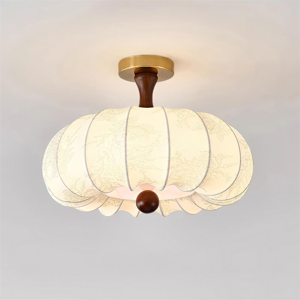 Lampe Plafond Abat-jour Tissu Festonné Plafond Bois de Noyer Vintage - Neutralighting