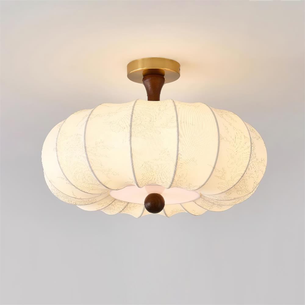 Lampe Plafond Abat-jour Tissu Festonné Plafond Bois de Noyer Vintage - Neutralighting