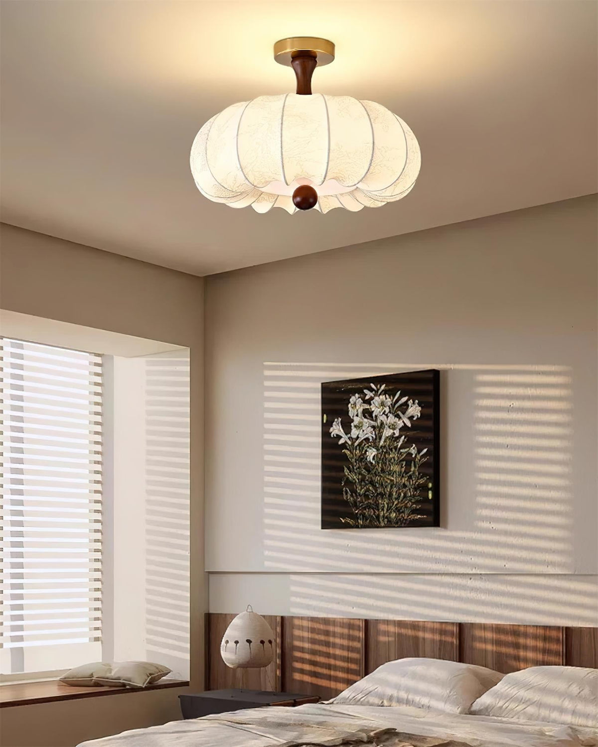 Lampe Plafond Abat-jour Tissu Festonné Plafond Bois de Noyer Vintage - Neutralighting