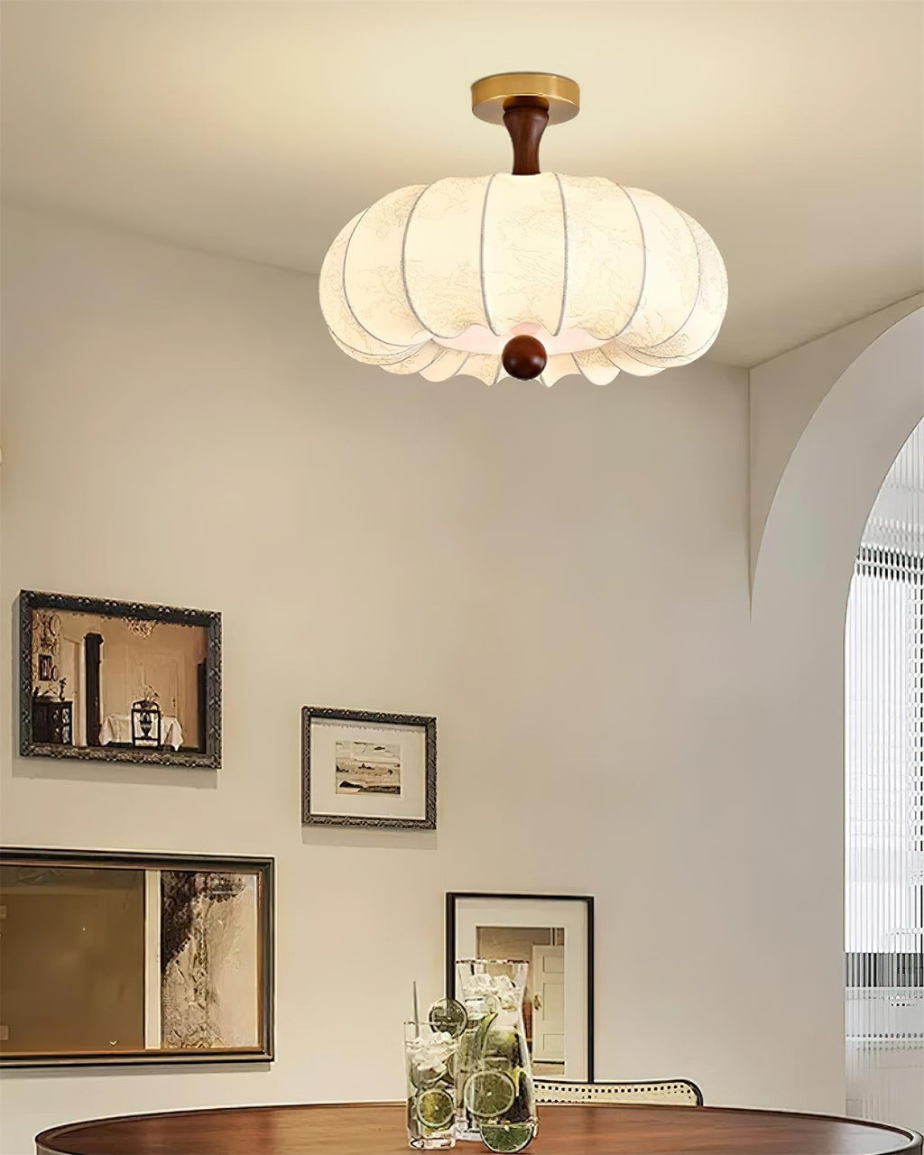 Lampe Plafond Abat-jour Tissu Festonné Plafond Bois de Noyer Vintage - Neutralighting