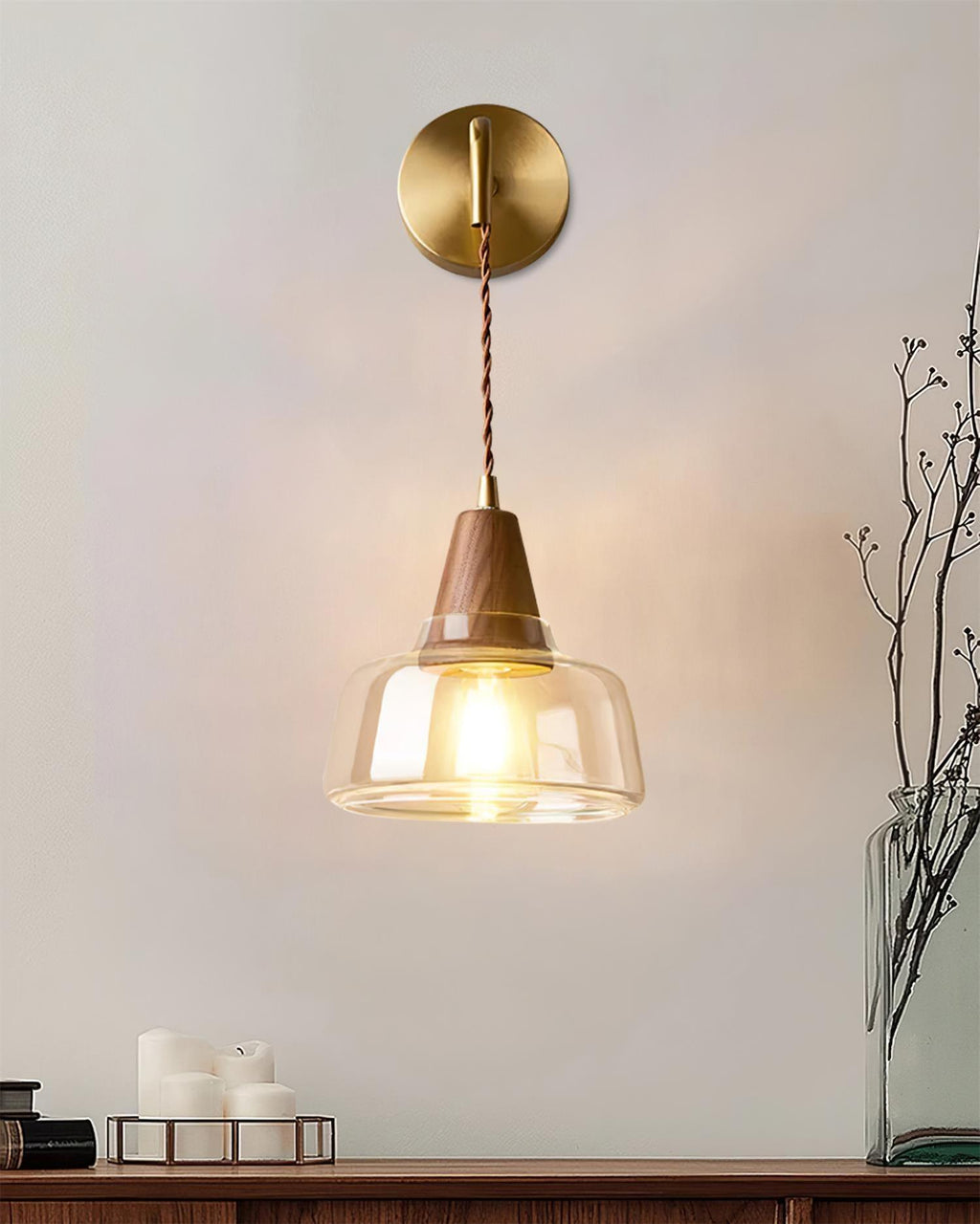 Applique Murale Ambre Verre Ombre Conique Noyer - Neutralighting