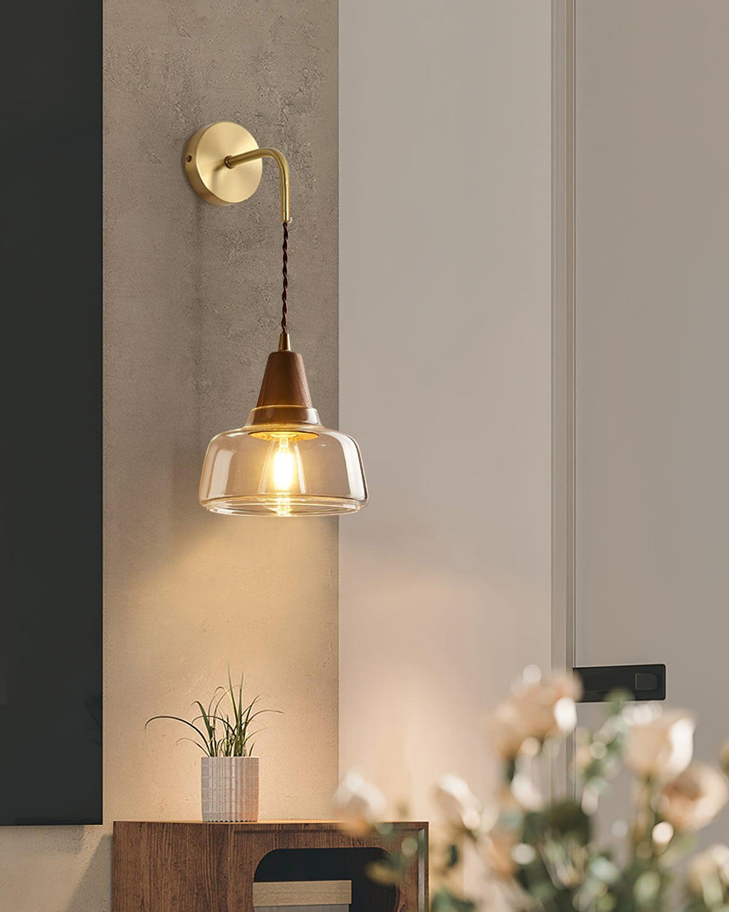 Applique Murale Ambre Verre Ombre Conique Noyer - Neutralighting