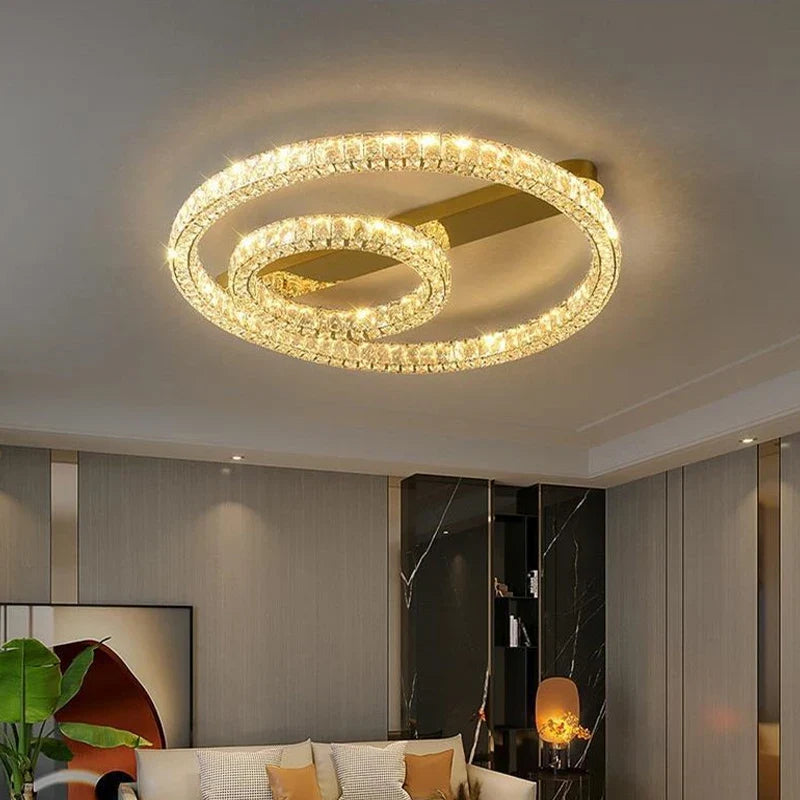 Plafonnier — Anneau de luxe plafonnier moderne chambre salon plafonnier en cristal doré brillant Dimmable LED plafonniers suspendus