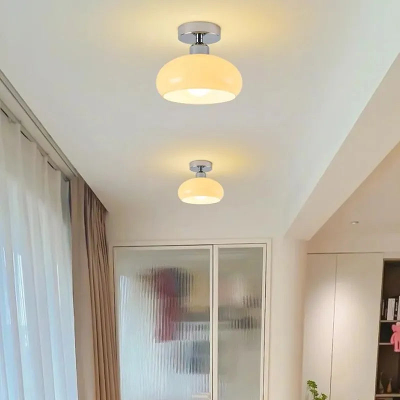 Plafonnier — LED en verre nordique rétro crème décor lampe or E27 éclairage pour allée couloir salon luminaires d'intérieur Lustre
