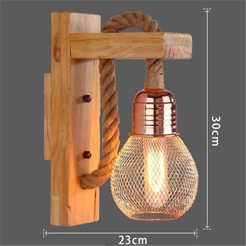 Applique murale Industrielle Mathilde Rivage en Corde de Chanvre et Bois — K / Blanc chaud (2700-3500K)