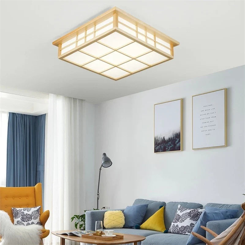 Plafonnier — Carrés en bois japonais salon moderne éclairage De plafond cuisine Restaurant luminaire LED lampara De Techo