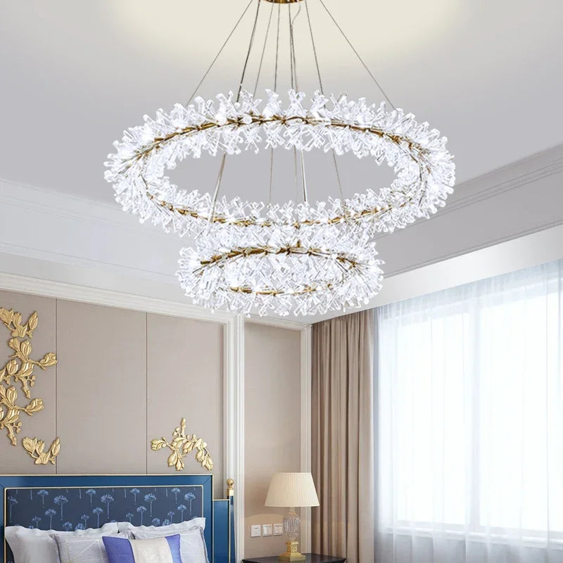 Suspension — En cristal de fleur moderne Suspension lustres LED de luxe pour salon 60 80 100 cm anneaux suspendus suspension