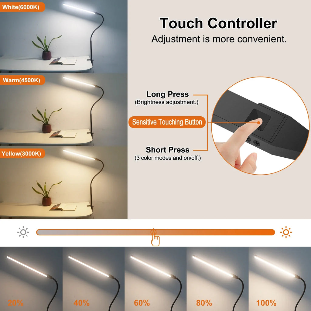 Suspension — NEWACALOX pince de bureau barre d'écran suspension lumière 360 ° rotatif pliant bras Flexible Support 108 pièces LED SMD Protection des yeux lampe de bureau