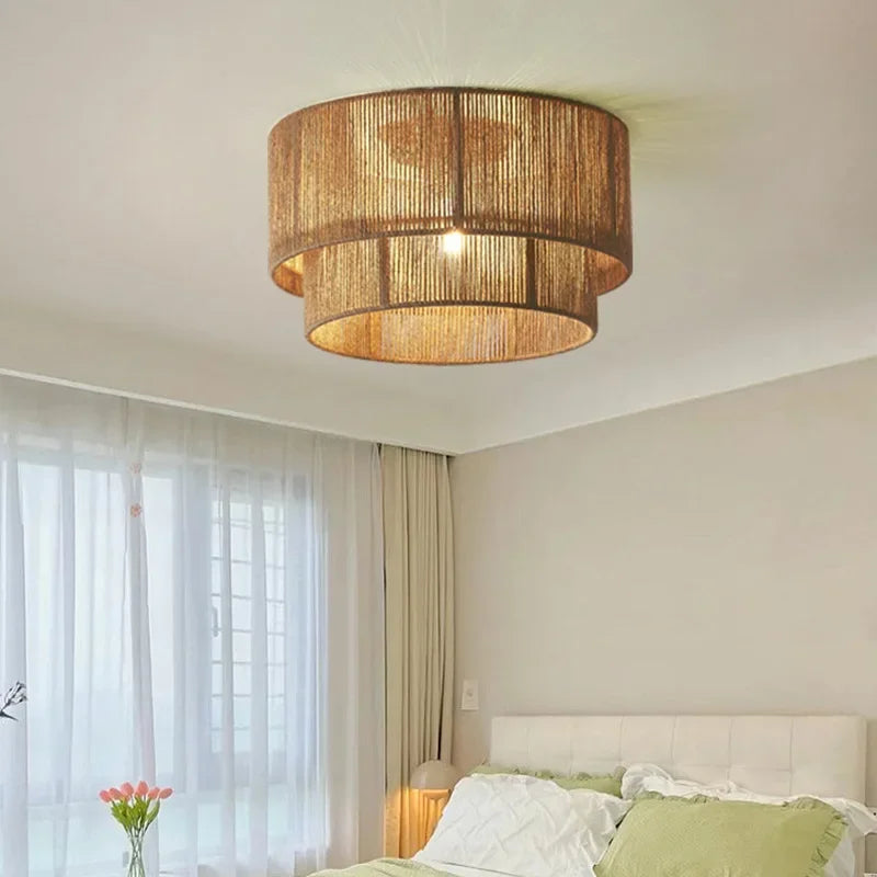 Lustre Vintage Félix Brume en Corde Tressée et Rotin