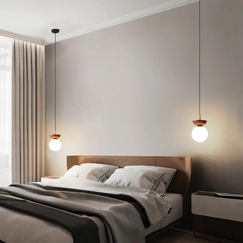 Abat-jour — LED rond en verre avec abat jour en bois