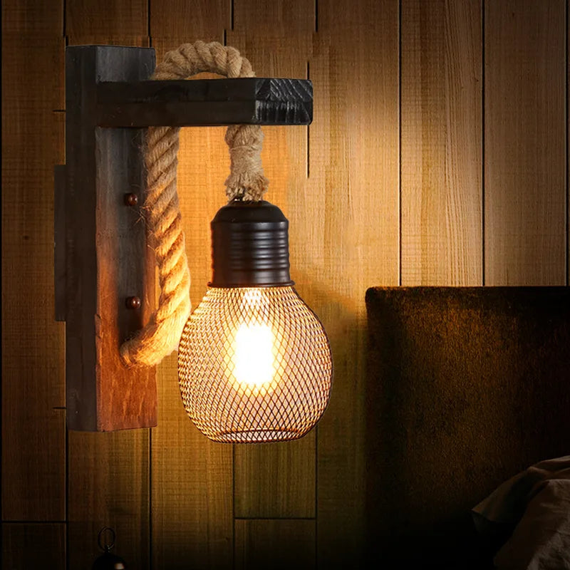 Applique murale Industrielle Bérénice Rivage en Corde de Chanvre et Bois