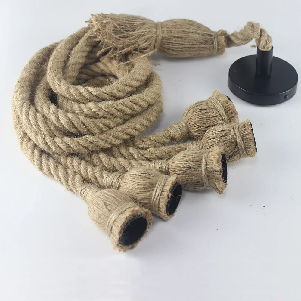 Suspension Industrielle Romane Rivage en Corde de Chanvre — 5 têtes / 100 cm ; 5 têtes / 150 cm ; 5 têtes / 50 cm ; 5 têtes / 200 cm