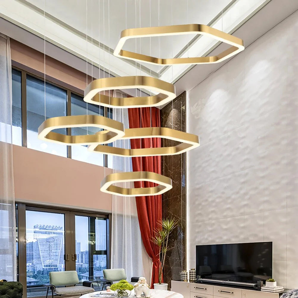 Suspension — Hexagone Design LED Lustre Moderne De Luxe En Acier Inoxydable Lampe Salon Suspension Luminaire Décor À La Maison Escalier Plafond Lustre