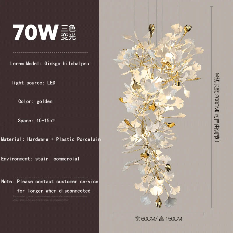 Lustre — Ginkgo feuille cage d'escalier long lustre lumière atmosphérique villa de luxe duplex bâtiment loft hall d'hôtel lampes d'art créatives
