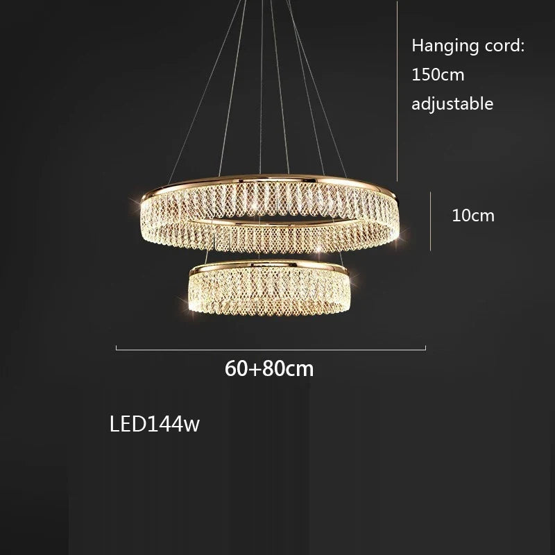 Lustre — LED en cristal losange rond à plusieurs anneaux luxueux