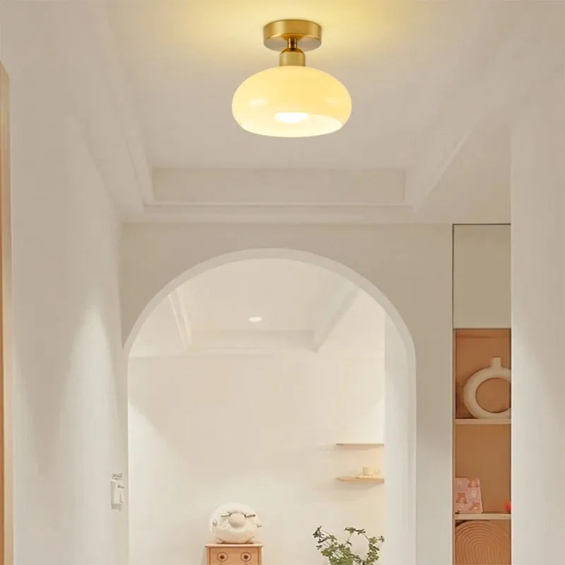 Plafonnier — LED en verre nordique rétro crème décor lampe or E27 éclairage pour allée couloir salon luminaires d'intérieur Lustre