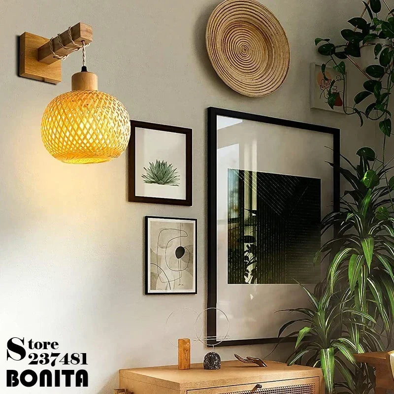 Applique murale en rotin et bois style japonais décoration intérieure Léandre Silhouette - Matière Végétale & Charme Délicat