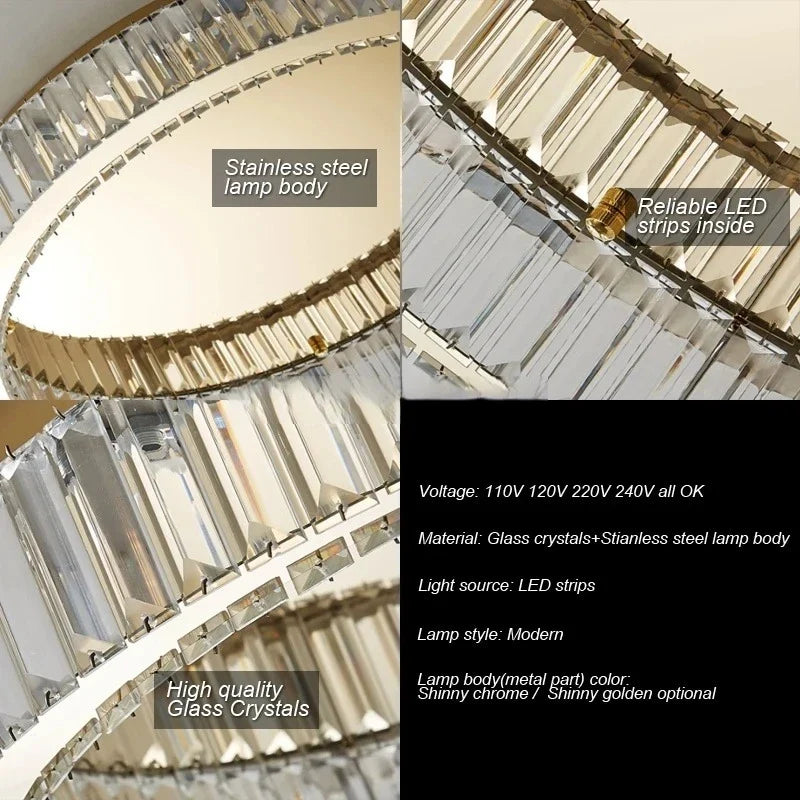 Plafonnier — LED ronde en cristal pour chambre à coucher salon Foyer salle à manger moderne luxe en acier inoxydable plafonnier en cristal