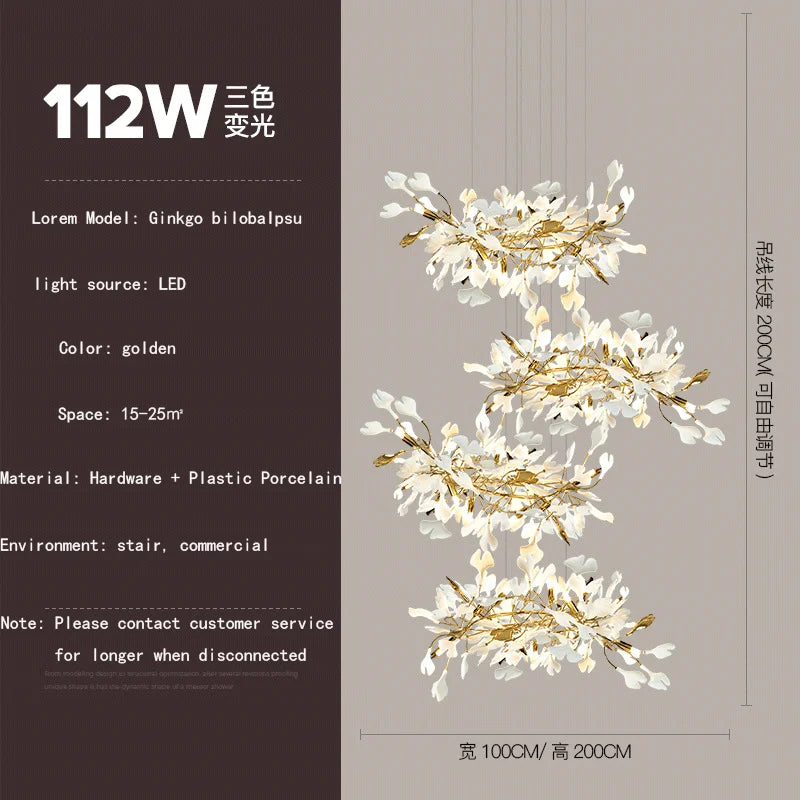 Lustre — Ginkgo feuille cage d'escalier long lustre lumière atmosphérique villa de luxe duplex bâtiment loft hall d'hôtel lampes d'art créatives