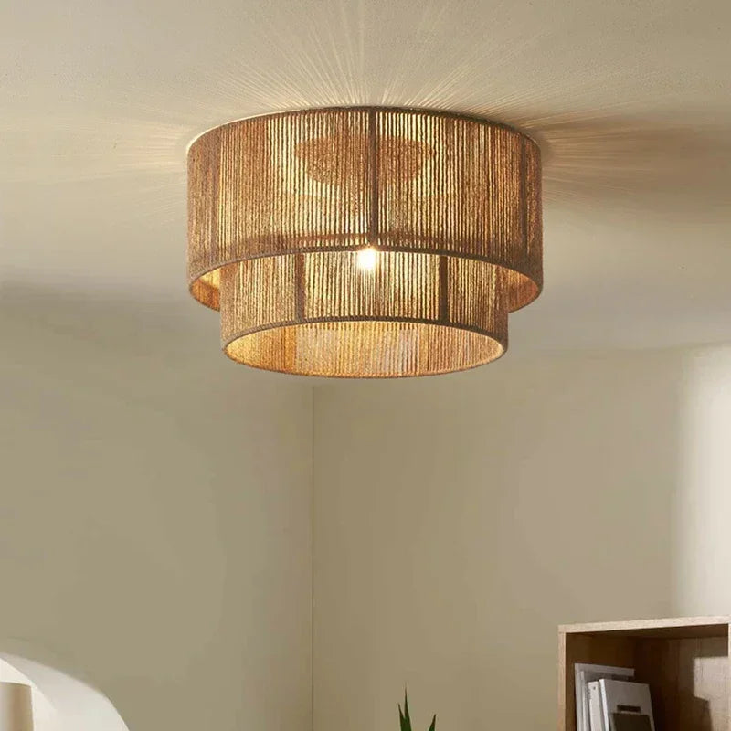 Lustre Vintage Félix Brume en Corde Tressée et Rotin