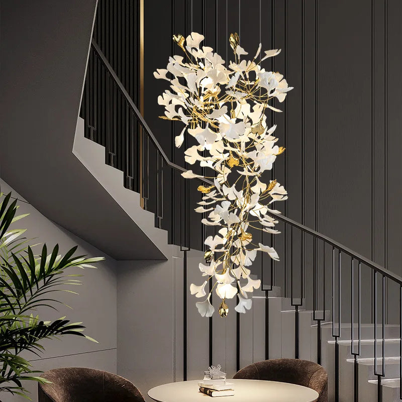 Lustre — Ginkgo feuille cage d'escalier long lustre lumière atmosphérique villa de luxe duplex bâtiment loft hall d'hôtel lampes d'art créatives