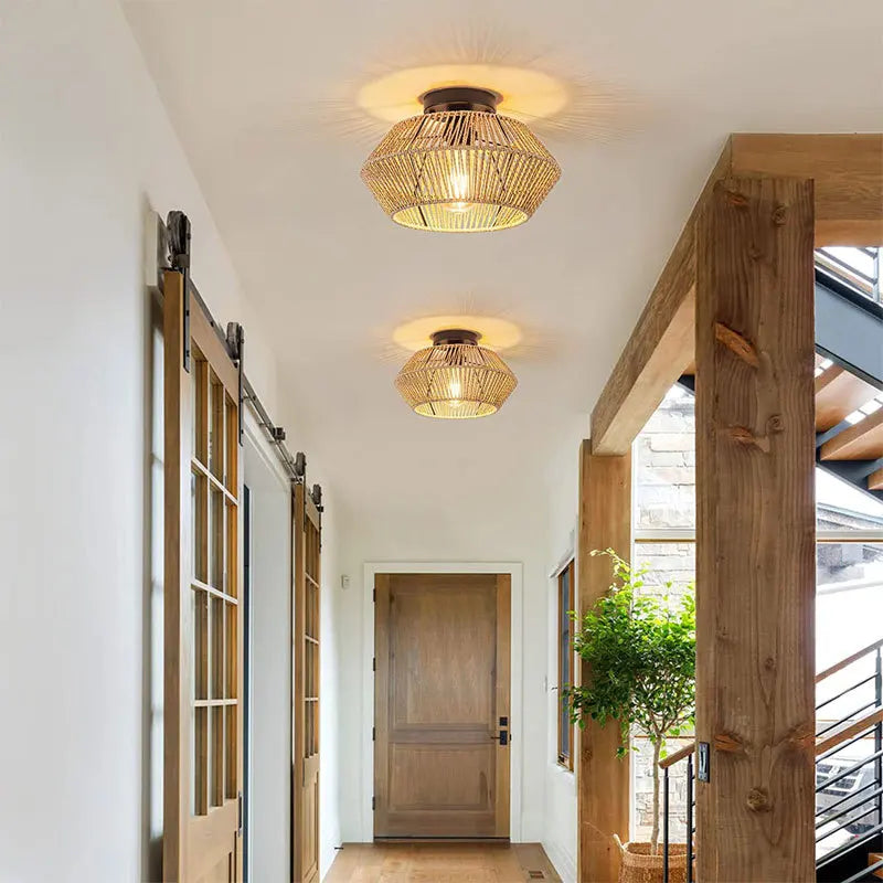 Plafonnier — Rotin E27 Ampoules Lustre Luminaire Tissé À La Main Lampe Celing Lampe Encastrée Pour Couloir Chambre Cuisine