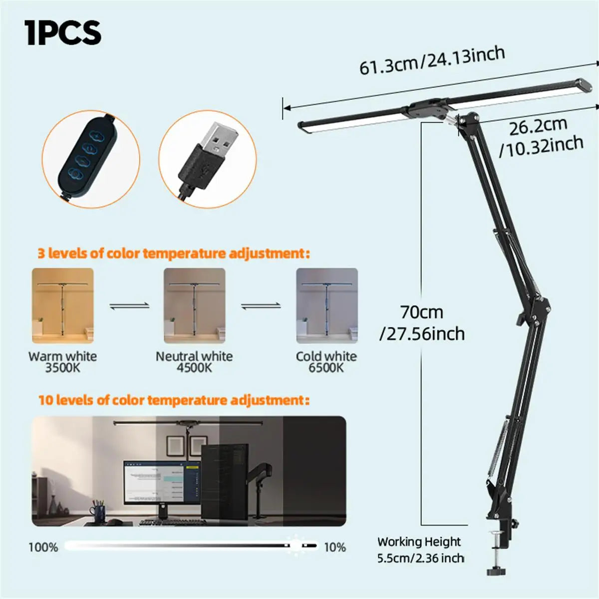 Lampe de bureau — À double tête à pince LED adjustable