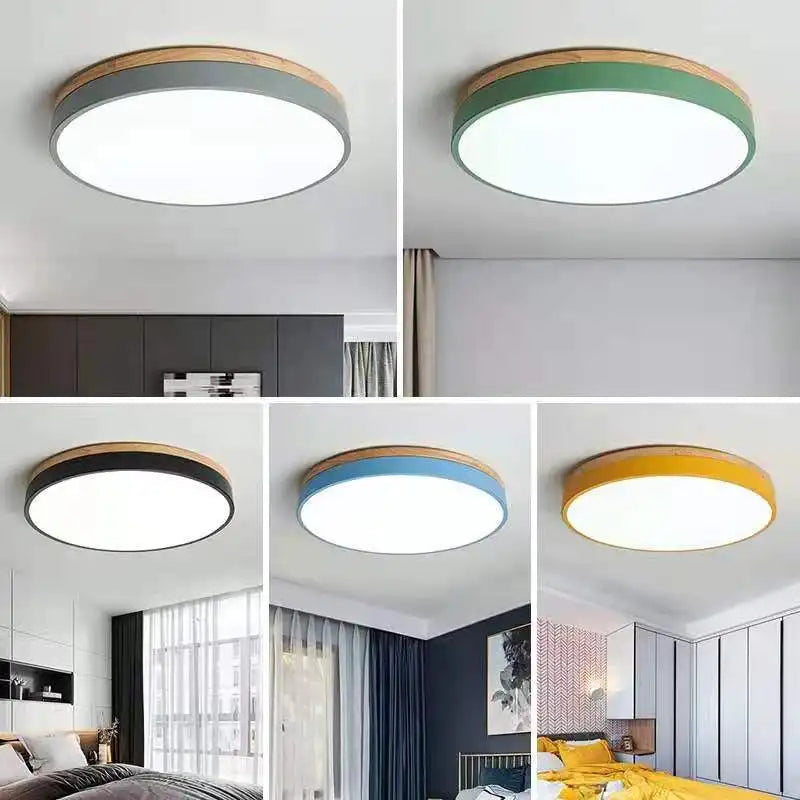 Plafonnier — Rond 7 couleurs nordique LED plafonniers pour salon chambre plafonniers en bois 3 lumières couleur réglable couloir balcon