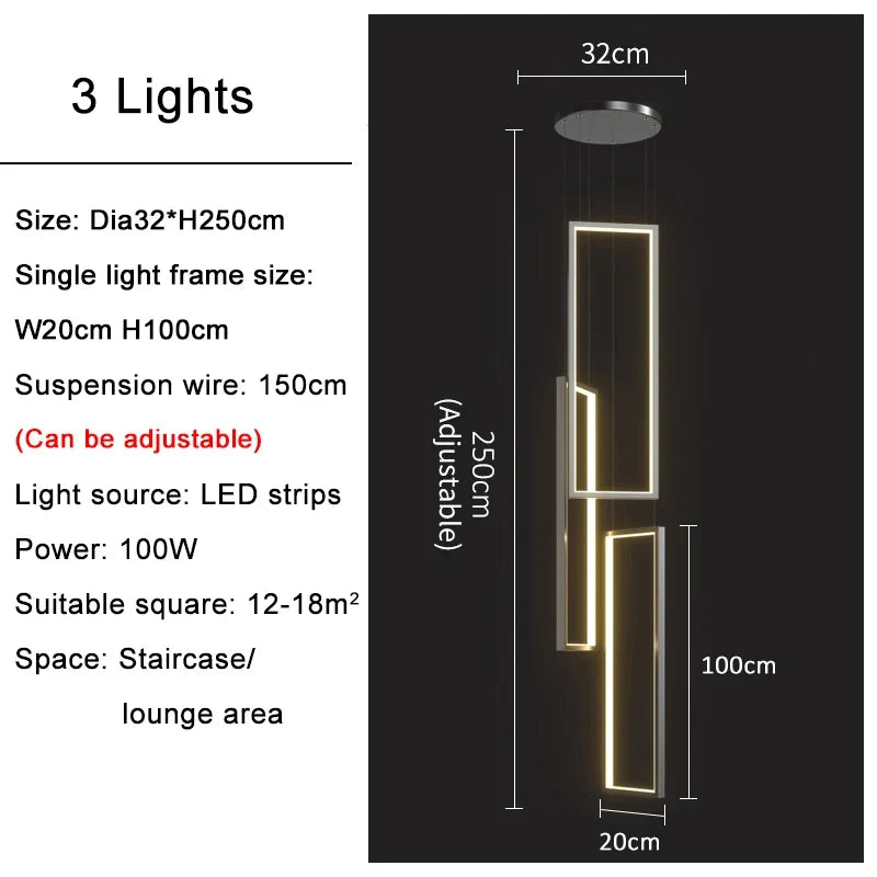 Lustre — Grand lustre Or noir LED maison intérieur salon escalier Hall rectangulaire