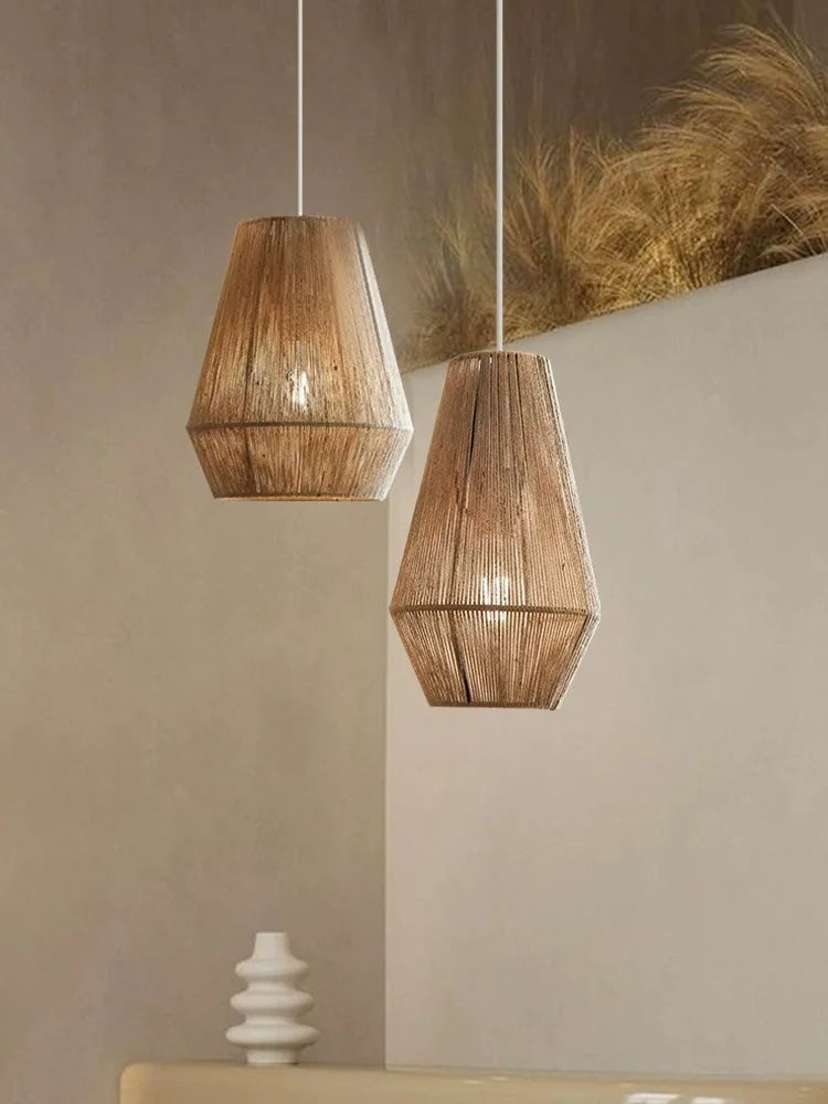 Suspension Wabi-sabi Estelle Brume en Corde Tressée et Rotin