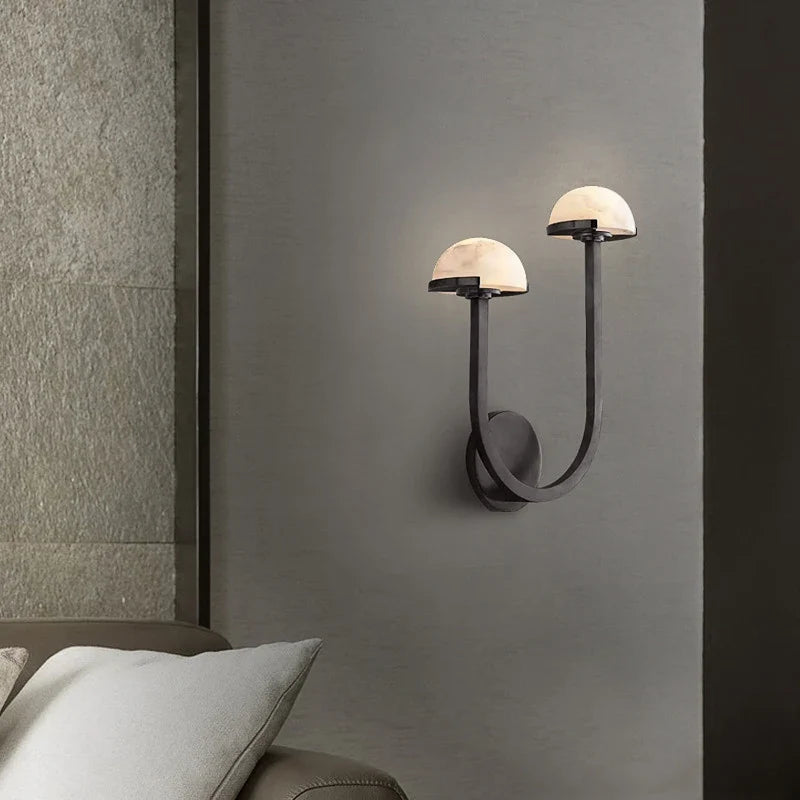 Applique murale — Style Américain Vintage Double Demi Boule Couloir Escalier Lampe Noir Cuivre LED Chambre Salon Marbre Décoratif Applique Murale