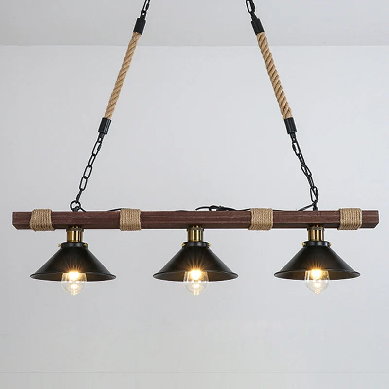 Lustre Industriel Constance Brume en Corde de Chanvre et Bois — Trois têtes sans ampoule