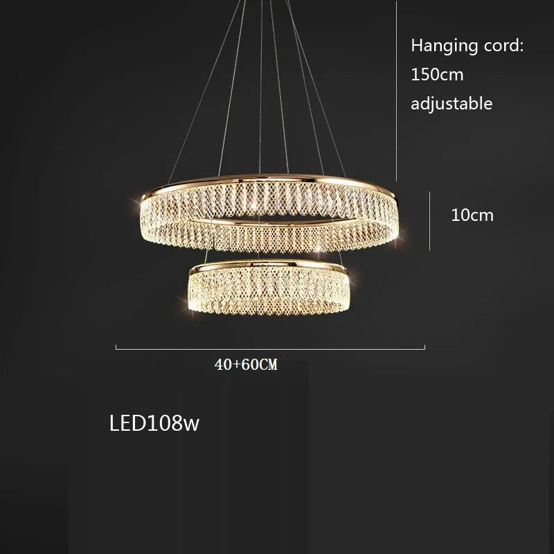 Lustre — LED en cristal losange rond à plusieurs anneaux luxueux