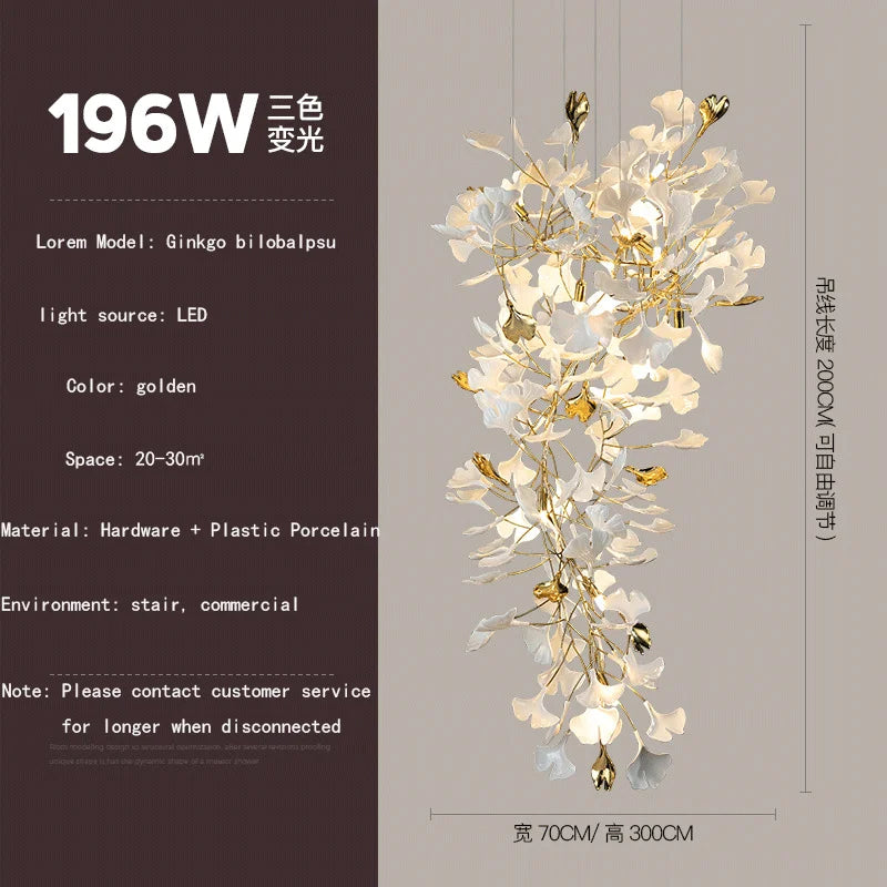 Lustre — Ginkgo feuille cage d'escalier long lustre lumière atmosphérique villa de luxe duplex bâtiment loft hall d'hôtel lampes d'art créatives
