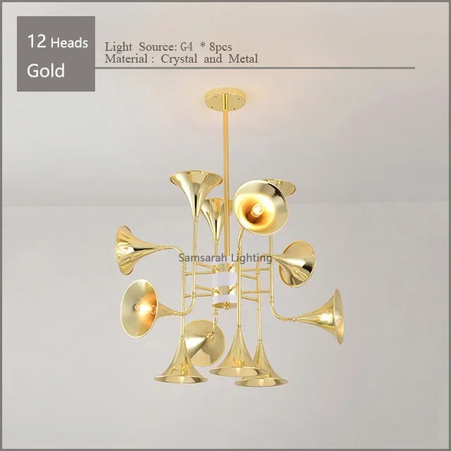 Lustre — Trompette dorée à plusieurs têtes design moderne