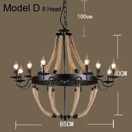 Suspension Industrielle Eugénie Brume en Corde de Chanvre et Métal — Model D 8 lampes
