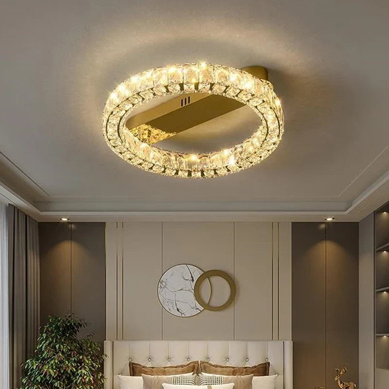 Plafonnier — Anneau de luxe plafonnier moderne chambre salon plafonnier en cristal doré brillant Dimmable LED plafonniers suspendus