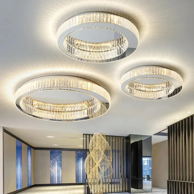 Plafonnier — LED ronde en cristal pour chambre à coucher salon Foyer salle à manger moderne luxe en acier inoxydable plafonnier en cristal