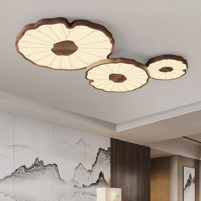 Plafonnier — Moderne design feuille lotus en bois avec lumière LED