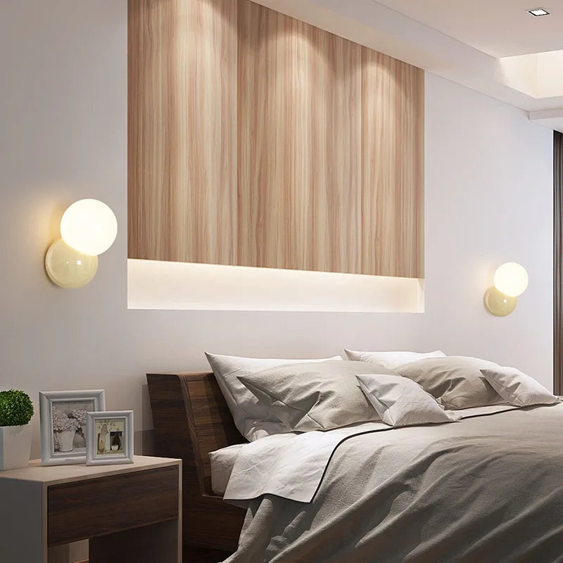 Applique murale — Boule ronde nordique pour éclairage de chambre à coucher crème blanc jaune lampe de chevet salon allée couloir hôtel escalier
