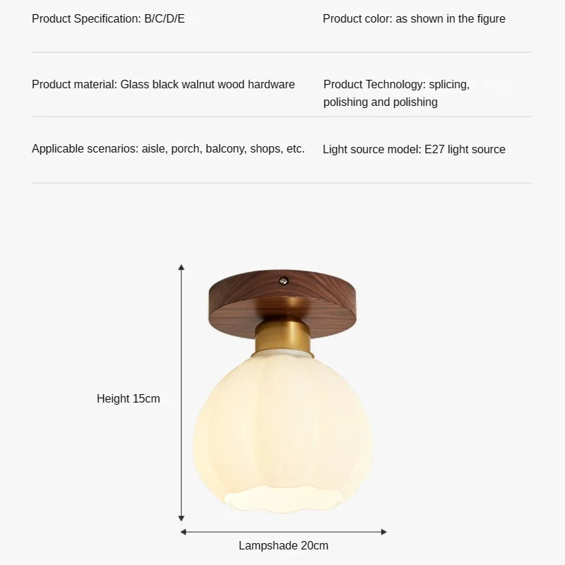 Plafonnier vintage simple en verre et noyer pour éclairage domestique Léopold Courbe - Matière Chaleureuse & Lignes Élégantes