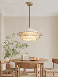 Suspension LED nordique en tissu, coton et lin, forme chapeau, pour restaurant, chambre et salle à manger – Avelin Courbe
