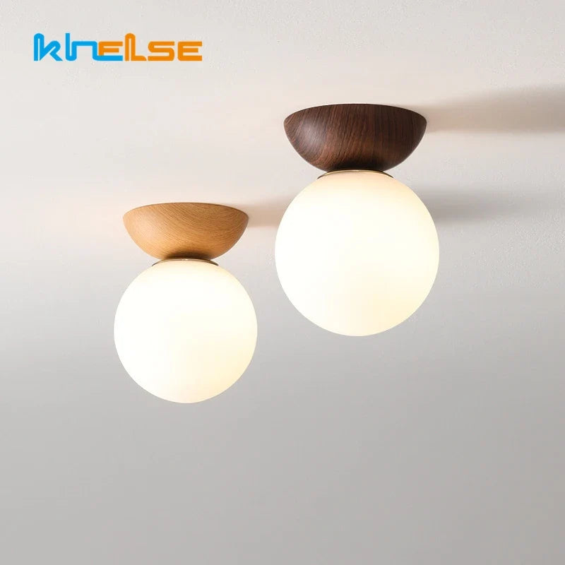 Abat-jour — LED rond en verre avec abat jour en bois
