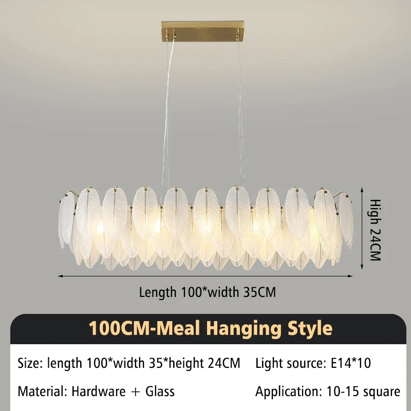 lustre moderne en verre avec plumes et lumière LED