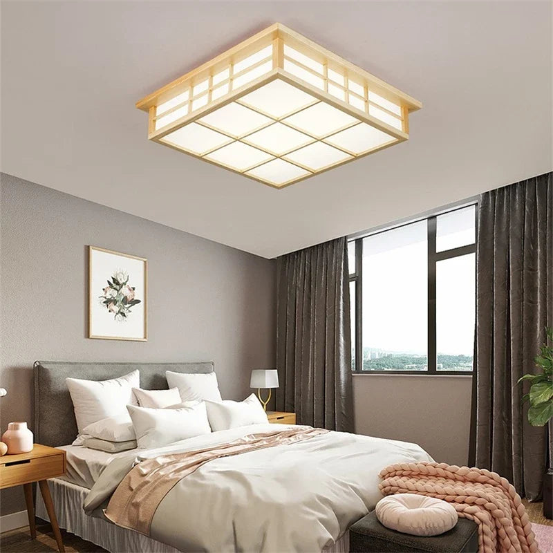 Plafonnier — Carrés en bois japonais salon moderne éclairage De plafond cuisine Restaurant luminaire LED lampara De Techo